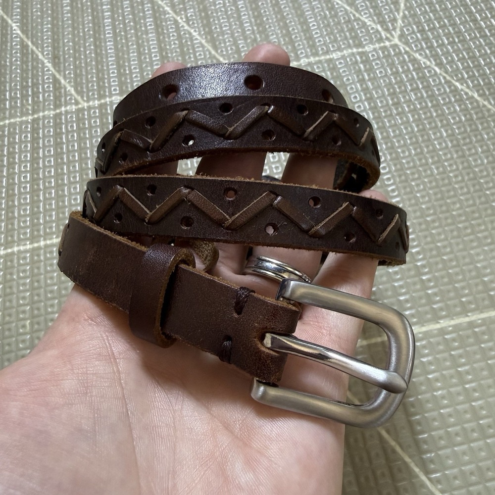 Brown Genuine Leather Skinny Belt Zig-Zag Laced Pattern Large Silver Buckle